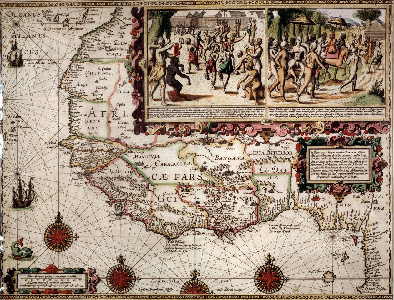 Geografisk kort over Guinee lavet af kartografen Luis Teixera (eller Teixeira), cirka 1586. Øverst til højre, repræsentation af en dansescene blandt de indfødte (afrikanere). af Luis Teixeira