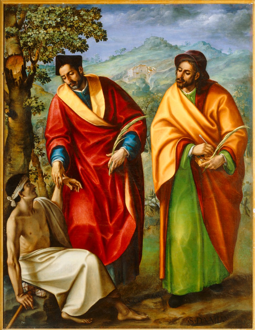 De hellige Cosmas og Damian, læger, helbreder en syg person ... af Luis de Carvajal