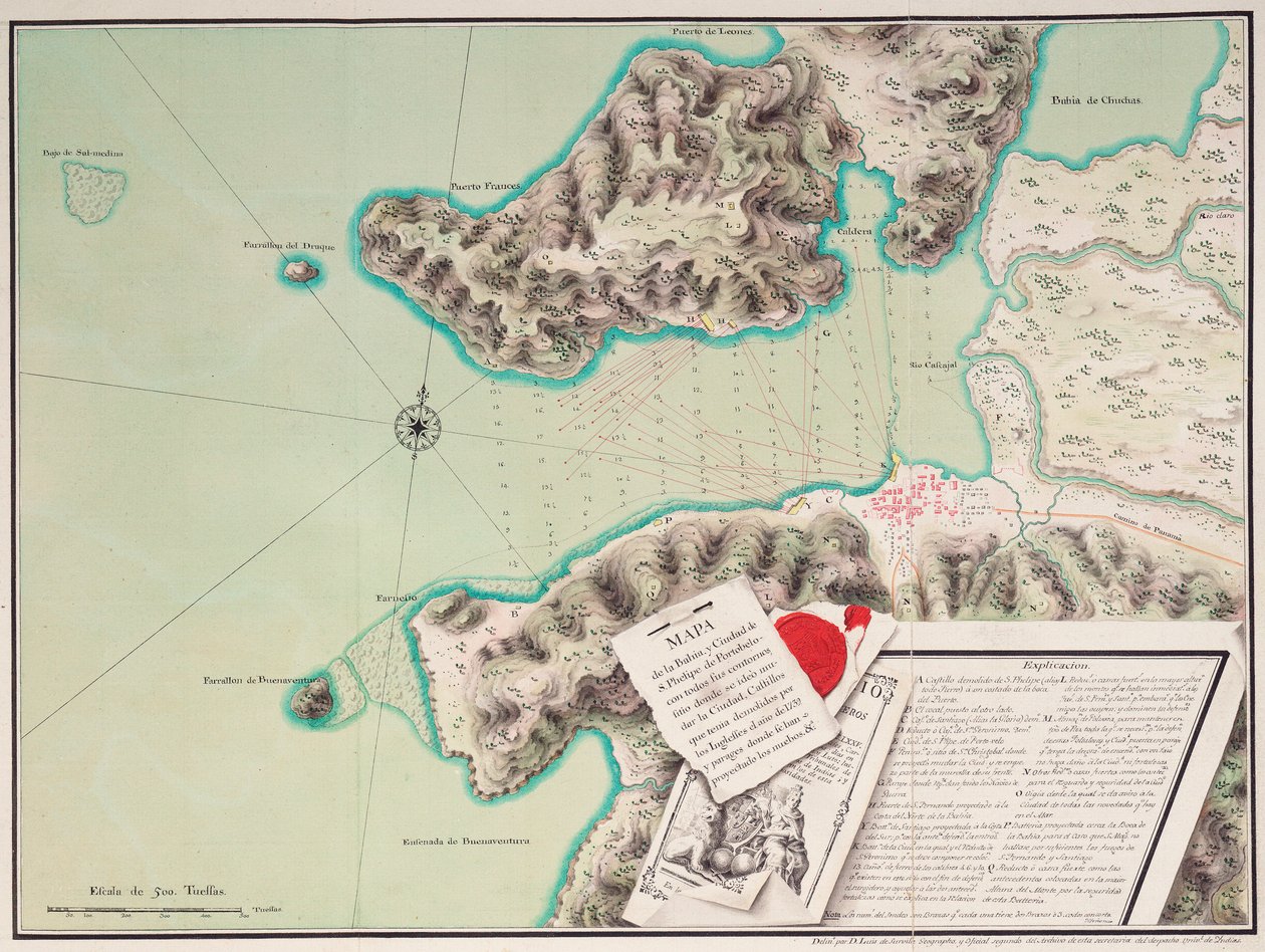 Kort over bugten og byen S. Phelipe de Portobelo af Luis de Surville