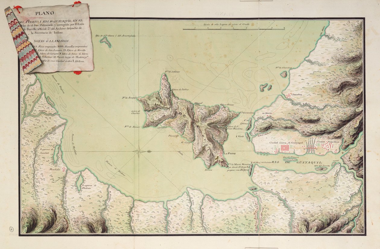 Kort over havnen og floden Guayaquil ved Sydhavet af Luis de Surville