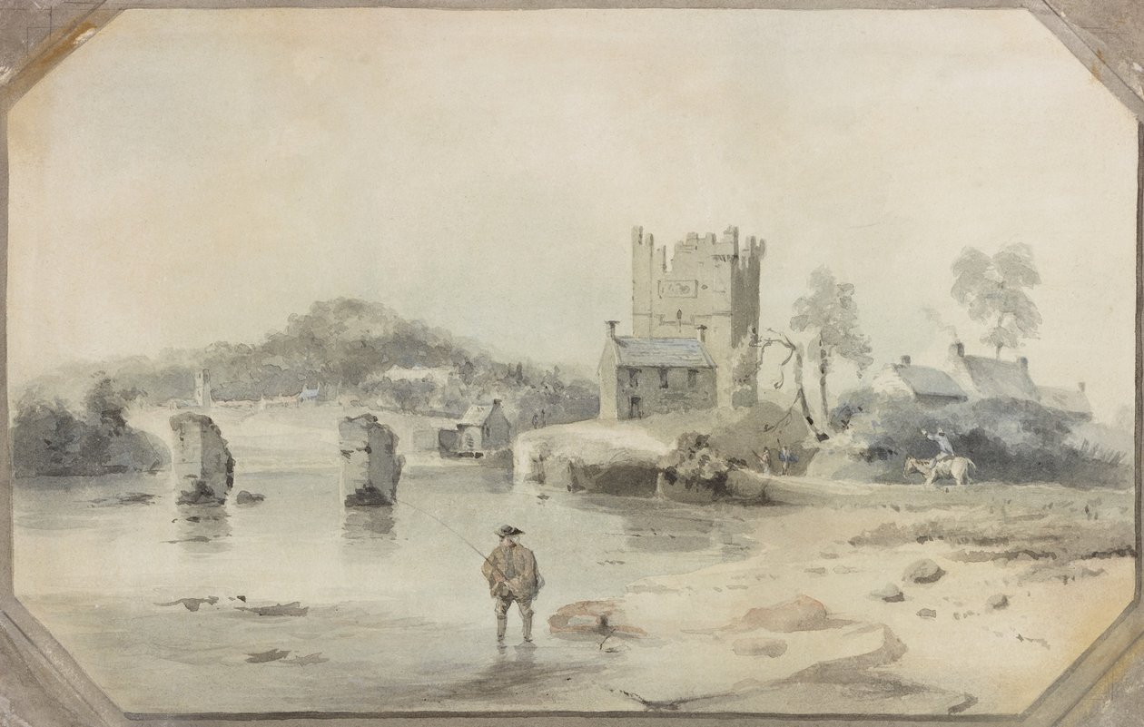Bywell Castle and Ruins of a Bridge (blyant og akvarel på papir) af Luke Clennell