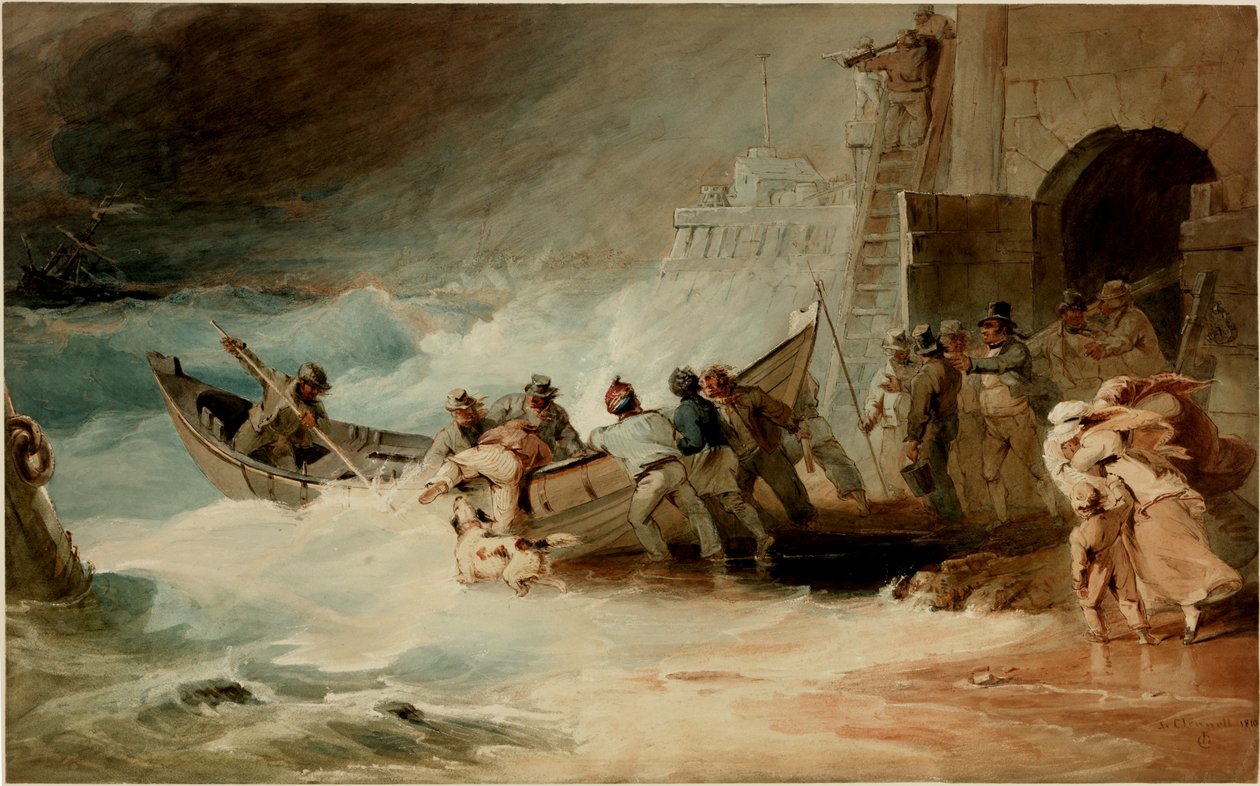 Launching the Lifeboat (akvarel, blyant og pen og blæk (brun) på papir (på syrefrit papir) af Luke Clennell