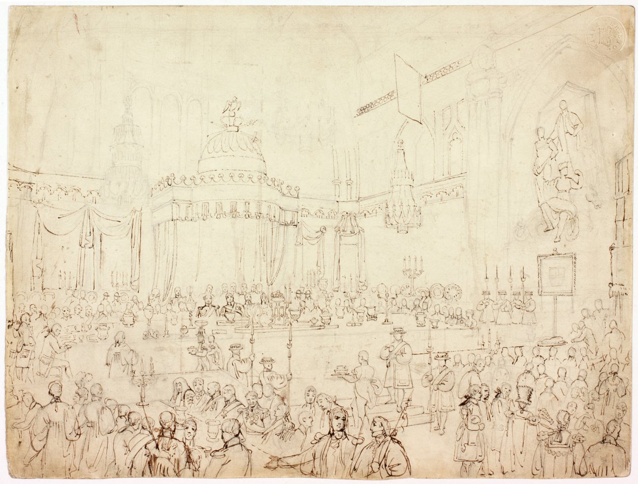 Undersøgelse til de allierede suveræners banket i The Guildhall, London (blæk) af Luke Clennell