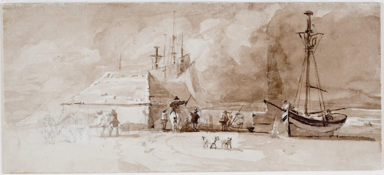 Strandscene med ryttere (blyant og akvarel på kort) af Luke Clennell
