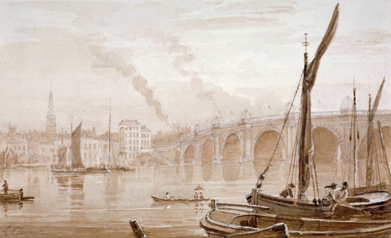 Udsigt over Blackfriars Bridge fra Surrey-kysten med både i forgrunden, London, c1825 af Luke Clennell