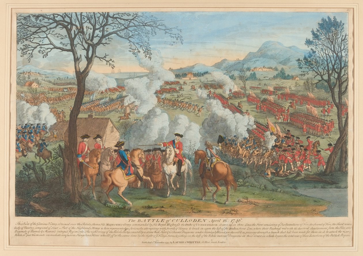 Slaget ved Culloden 16. april 1746 (streggravering, farvet) af Luke Sullivan