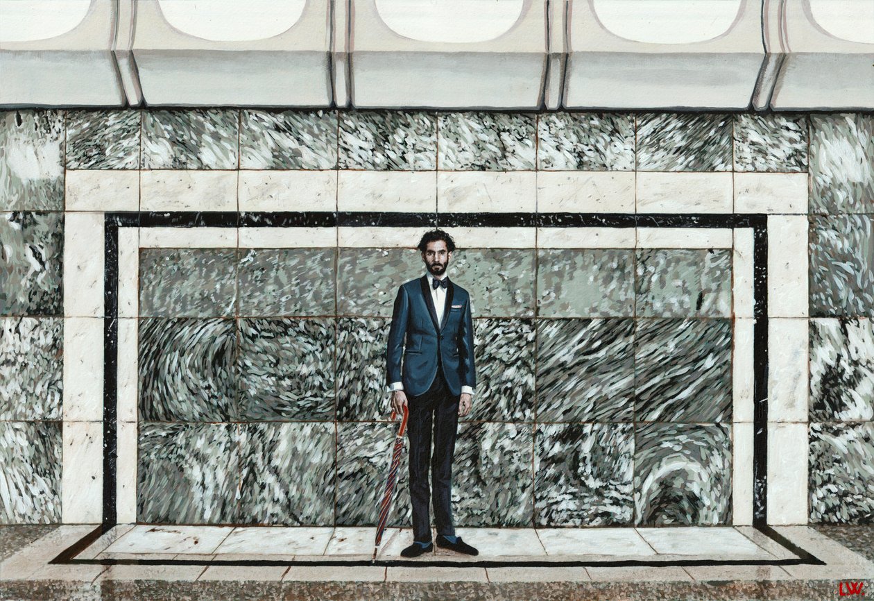 Selvportræt på en platform, ca. 2020 (akrylmaling på papir) af Luke Waller