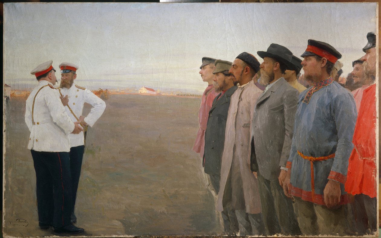 Rekruttering - Maleri af Lukian Vasilyevich Popov (1873-1914), olie på lærred af Lukjan Vasilievich Popov