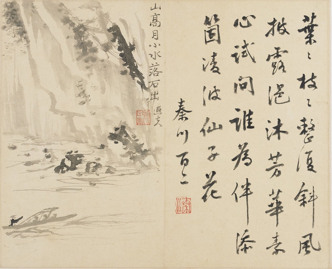 Landskaber, blomster og fugle: Mand i en båd, der passerer en klippe, Qing-dynastiet, 1780 (blæk på papir) af Luo Ping