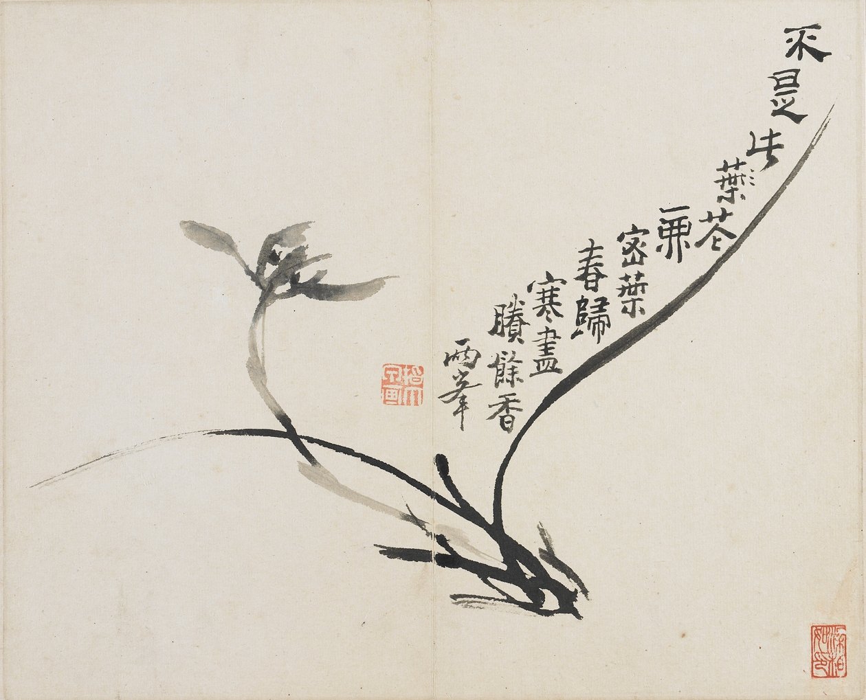Landskaber, blomster og fugle: Orkidé, Qing-dynastiet, 1780 (blæk på papir) af Luo Ping