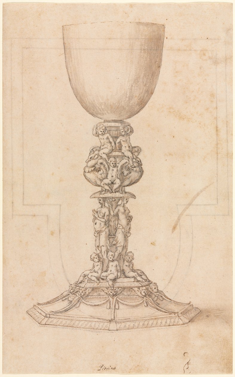 Design til en kalk recto arkitektonisk plan verso, midten af 1500-tallet. af Luzio Romano
