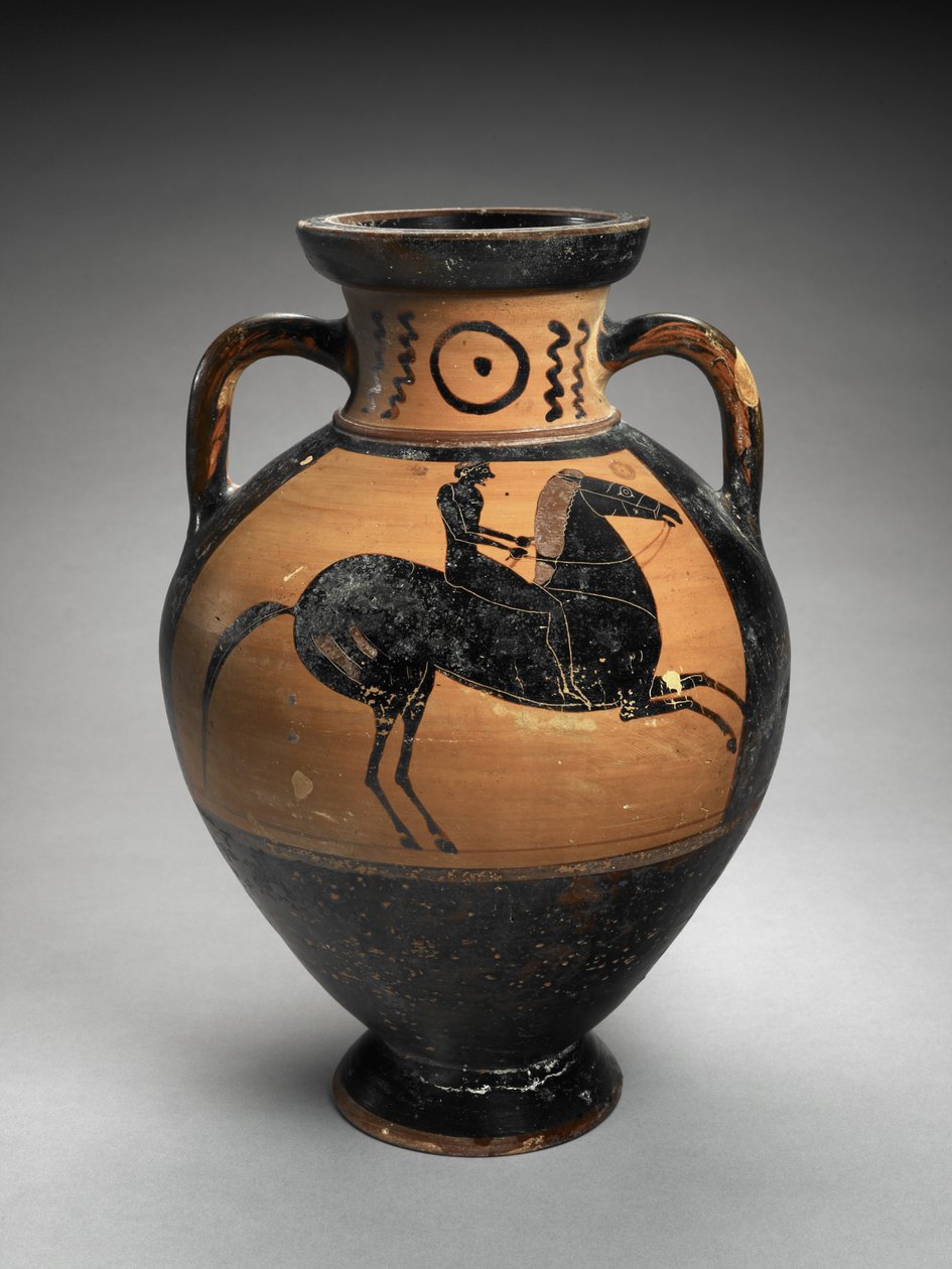 Amfora med sort hals med to ryttere, 560-540 f.Kr. (terracotta) af Lydos (manner of)