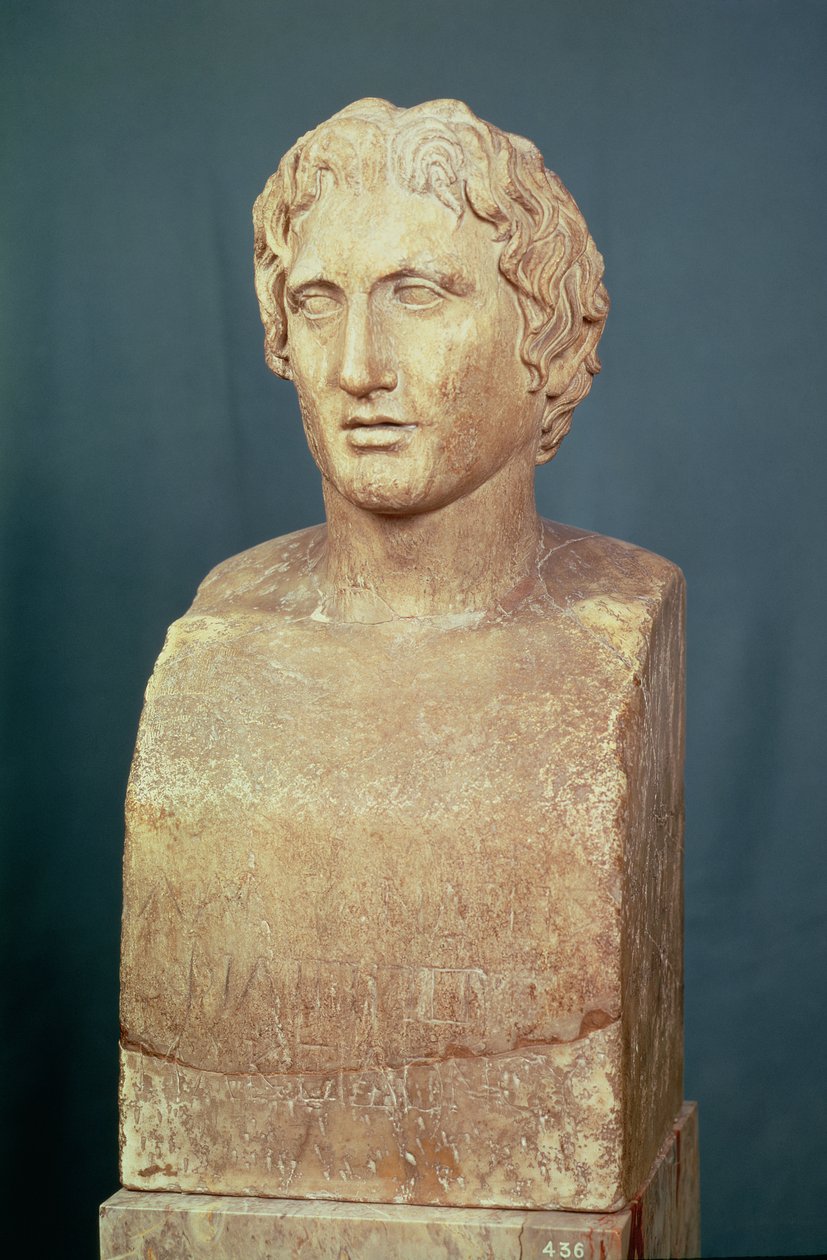 Portrætbuste af Alexander den Store (356-323 f.Kr.) kendt som Azara herm, græsk replika af original fra det 4. århundrede f.Kr. (marmor) af Lysippos (after)