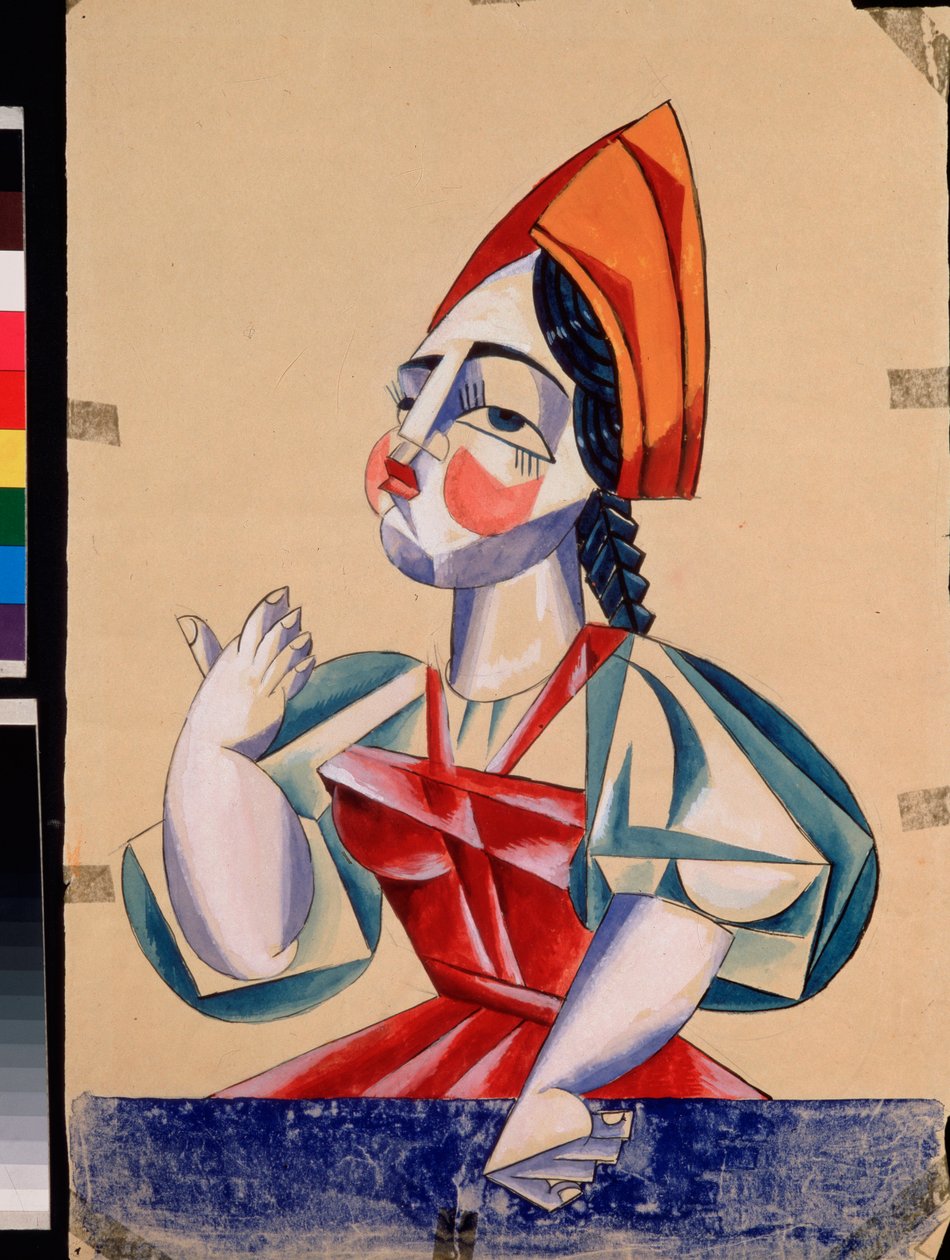 Forberedende kostume til en kvindelig karakter i stykket "Du pope et de son valet Balda", af Alexander Pushkin (1799-1837). Værk af Lyubov (Lioubov) Sergeyevna Popova (1889-1924), gouache og blæk på papir af Lyubov Sergeevna Popova