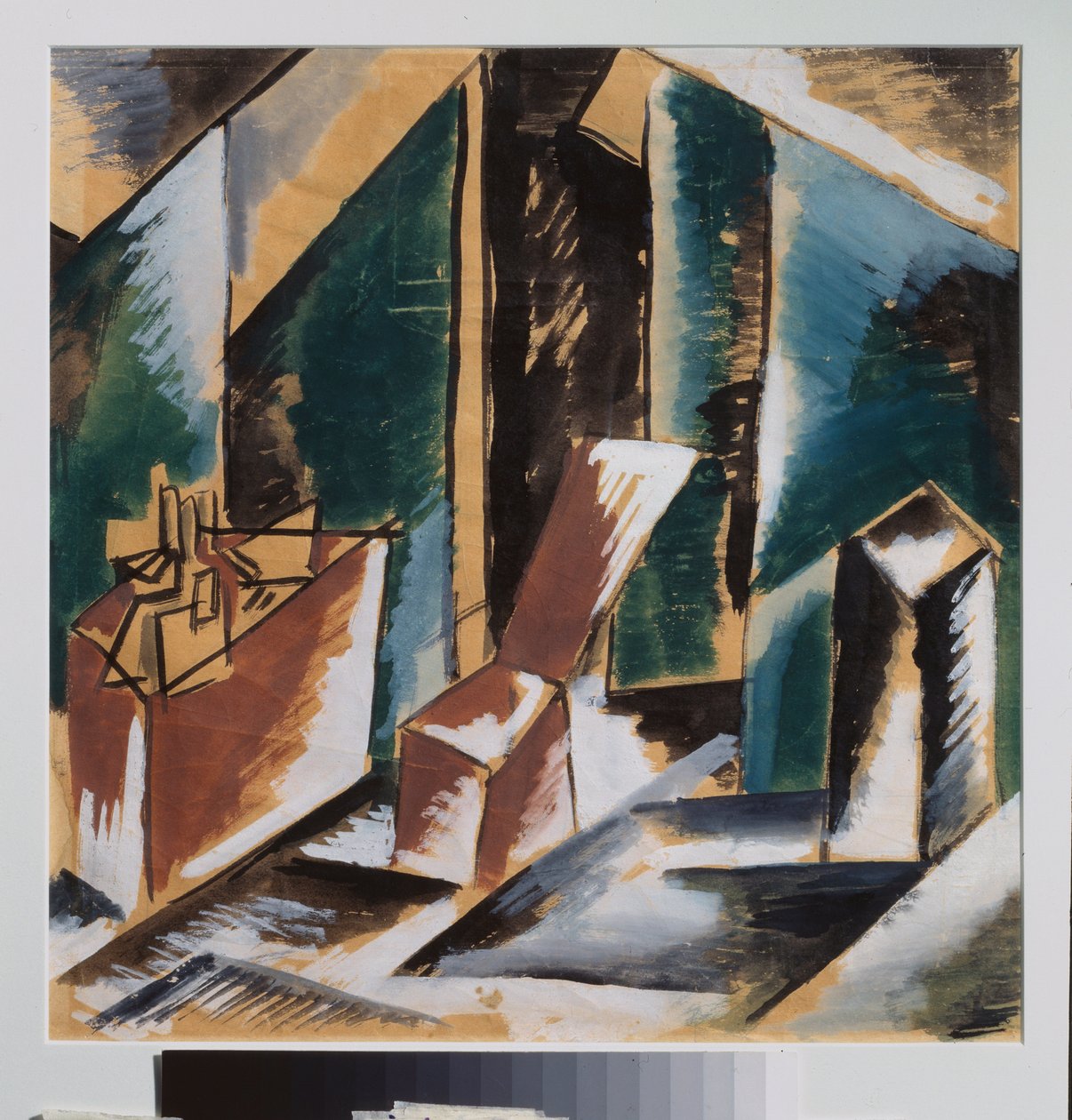 Forberedende indretning. Værk af Lyubov (Lioubov) Sergeyevna Popova (1889-1924), gouache på papir, omkring 1910. Russisk scenografisk kunst, 20. århundrede. Privat samling. af Lyubov Sergeevna Popova