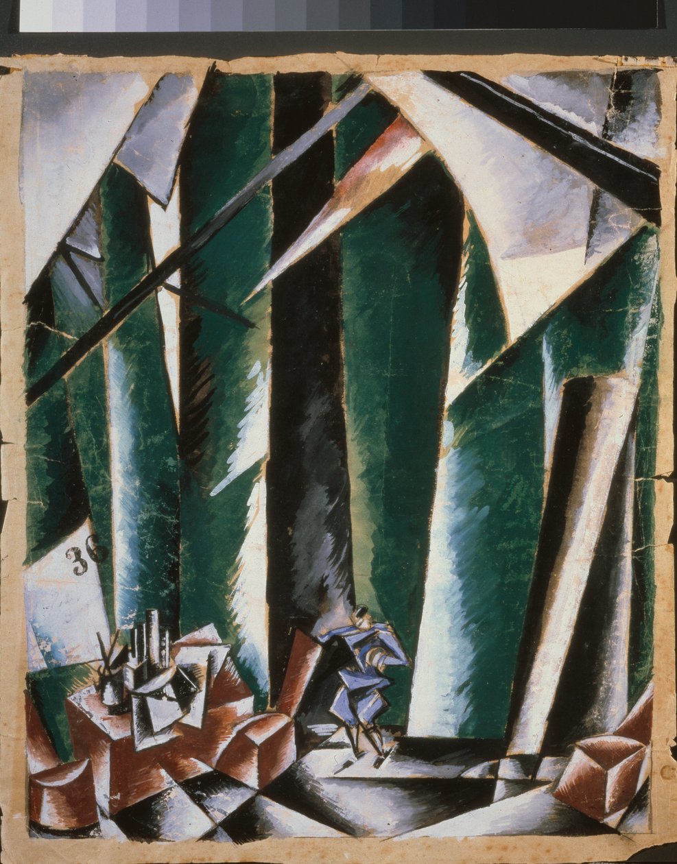 Forberedende indretning til stykket ""kansleren og låsesmeden"". Værk af Lyubov (Lioubov) Sergeyevna Popova (1889-1924), gouache og blæk på papir af Lyubov Sergeevna Popova