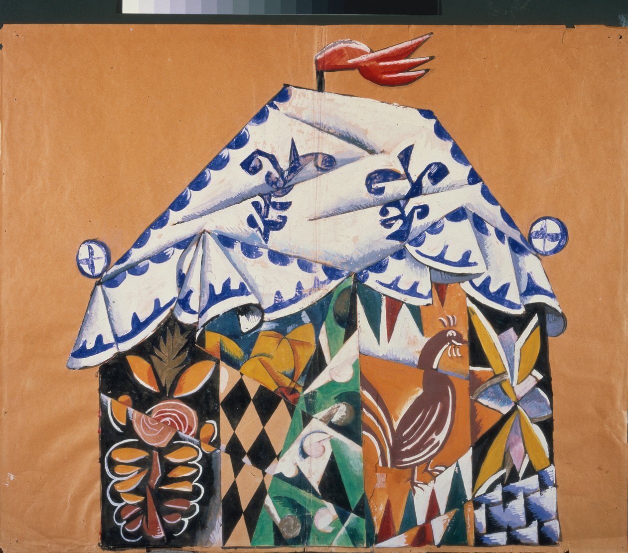 Skitse af gardinet til skuespillet "" Af paven og hans kammertjener Balda "", af Alexander Pushkin (1799-1837). Værk af Lyubov (Lioubov) Sergeyevna Popova (1889-1924), collage, gouache og bronze på papir af Lyubov Sergeevna Popova