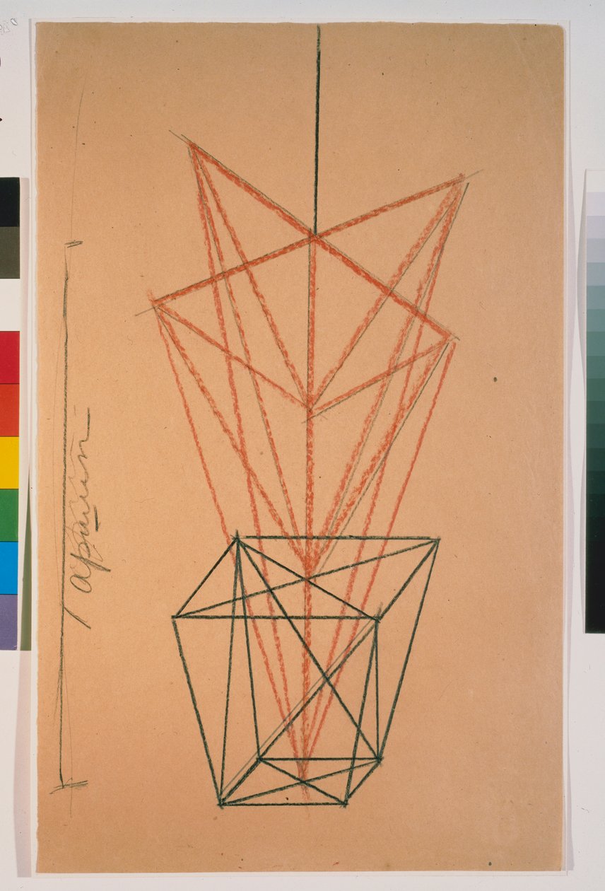 Pelargonier i potte. Skitse til stykket ""Le cocu magnificient"" af Fernand Crommelynck (1886-1970). Værk af Lyubov (Lioubov) Sergeyevna Popova (1889-1924), blyant på papir af Lyubov Sergeevna Popova