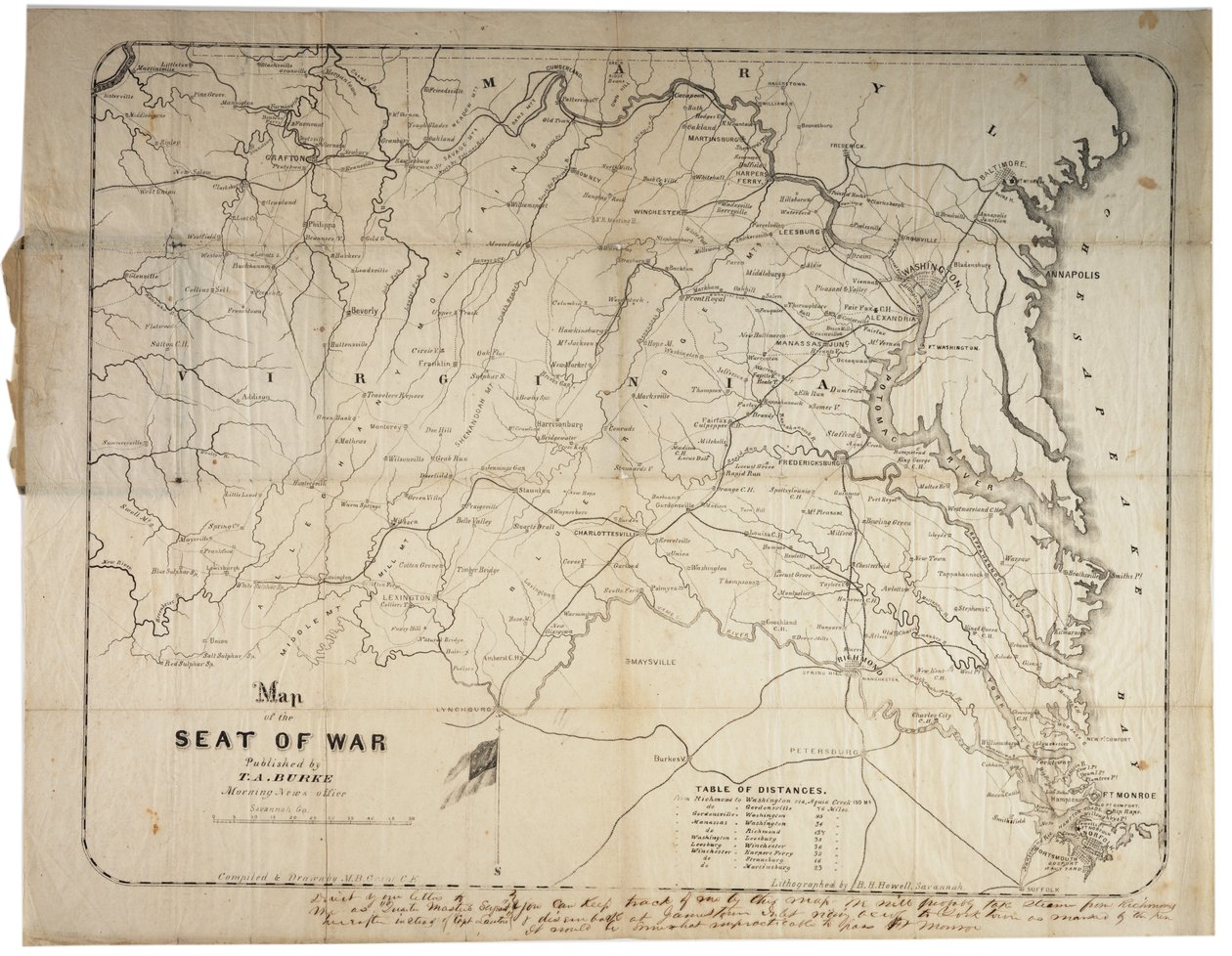 Kort over krigssædet, lavet i Savannah, Georgia, 1861 af M. B. Grant