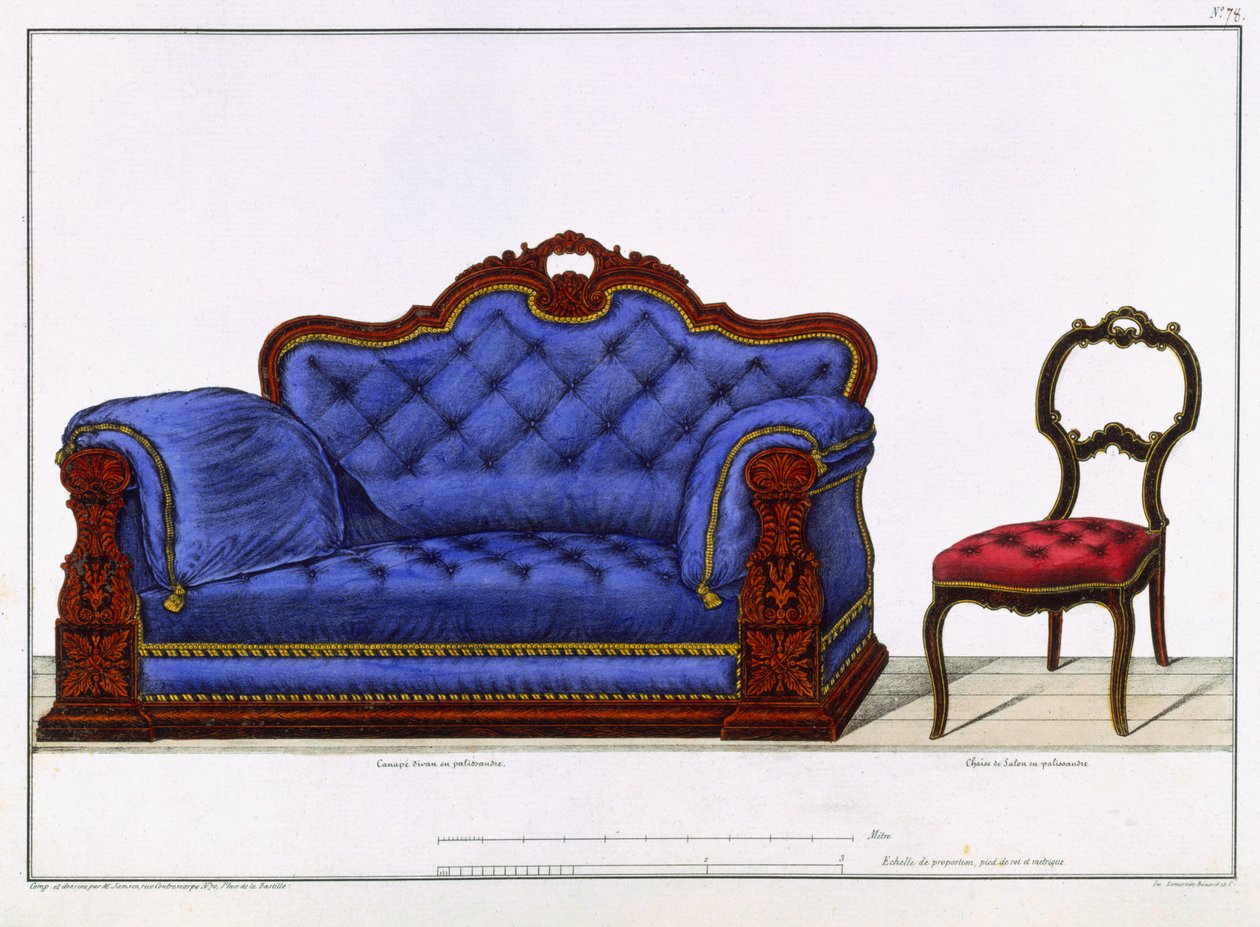 Fransk sofa og stol fra Models of Furniture og interiørdekorationer til møbler, Paris, Santi, M, 1828 af M. Santi