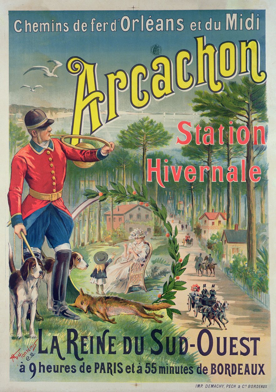 Plakat med reklame for badebyen Arcachon, ca. 1910 af M. de Fonremis