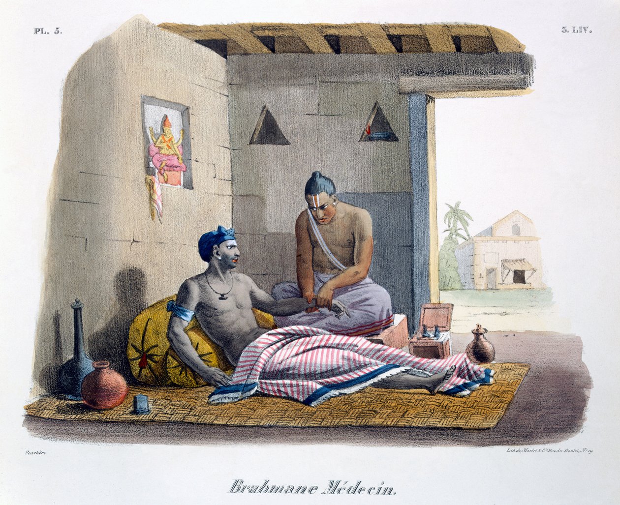 En Brahmin-læge tager puls, 1827-35 af M.E. Burnouf
