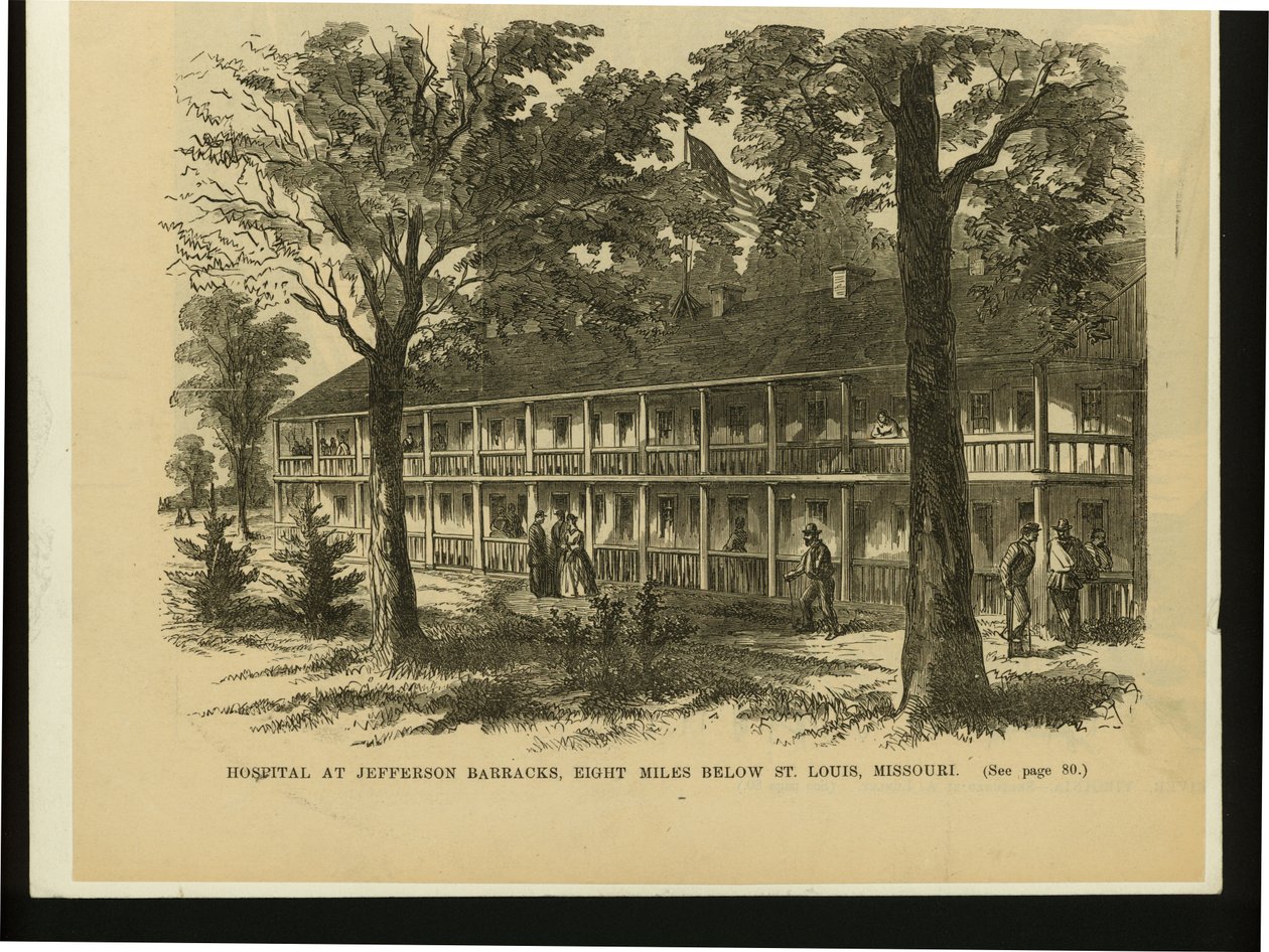 Druck eines zweistöckigen Barackengebäudes mit mehreren sichtbaren Figuren draußen von M.H. Bishard