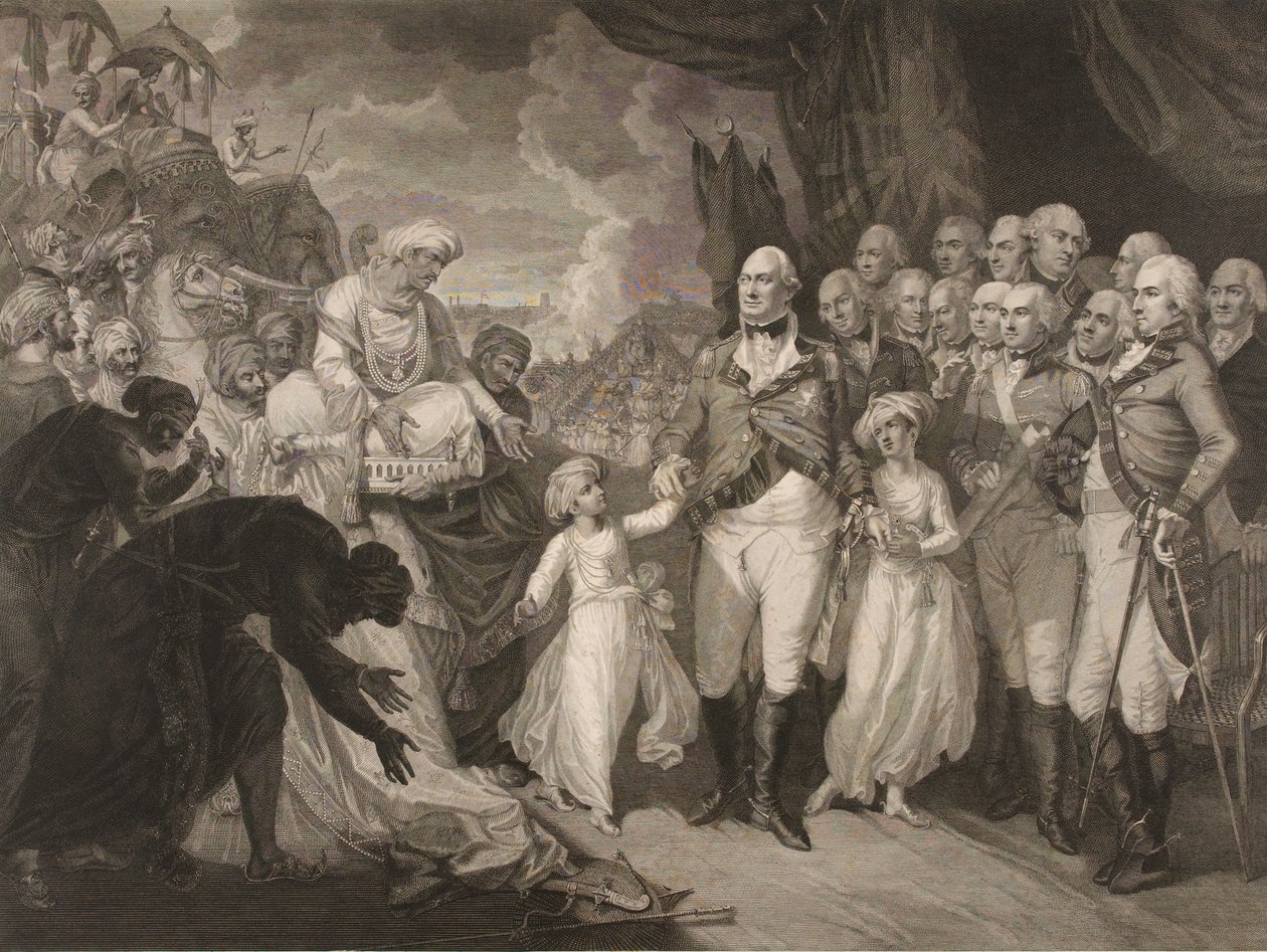 Marquis Cornwallis modtager gidselprinserne, sønner af Tippoo Sultan af M. (after) Brown
