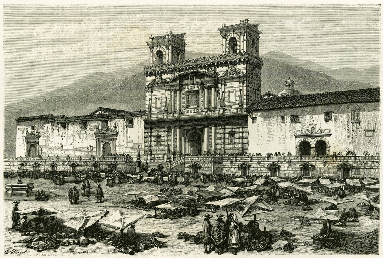 Katedralen i Quito (hovedstad i det nuværende Ecuador) og den populære underholdning på pladsen. Gravering af Clerget og Ferdinandus, for at illustrere historien "Equinoxiale America"" af M. (after) Ferdinandus