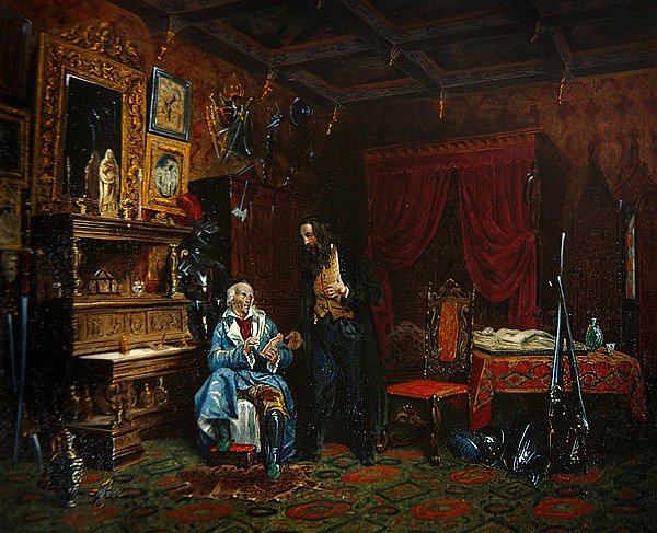Interiør af et antikvarum med middelaldermøbler, ca. 1838-46 (farve litho) af M. (after) Renoux
