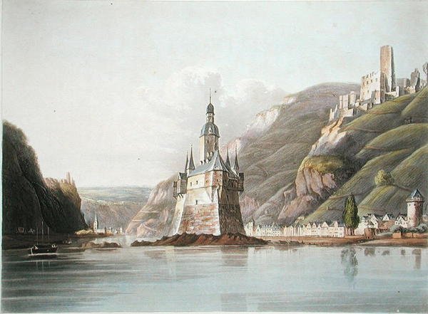 Pfalz Castle and the Town of Laub, illustration fra "A Picturesque Tour along the Rhine, from Mentz to Cologne", graveret af T. Sutherland, udgivet 1820 (litografi i farver) af M. (after) Schuetz
