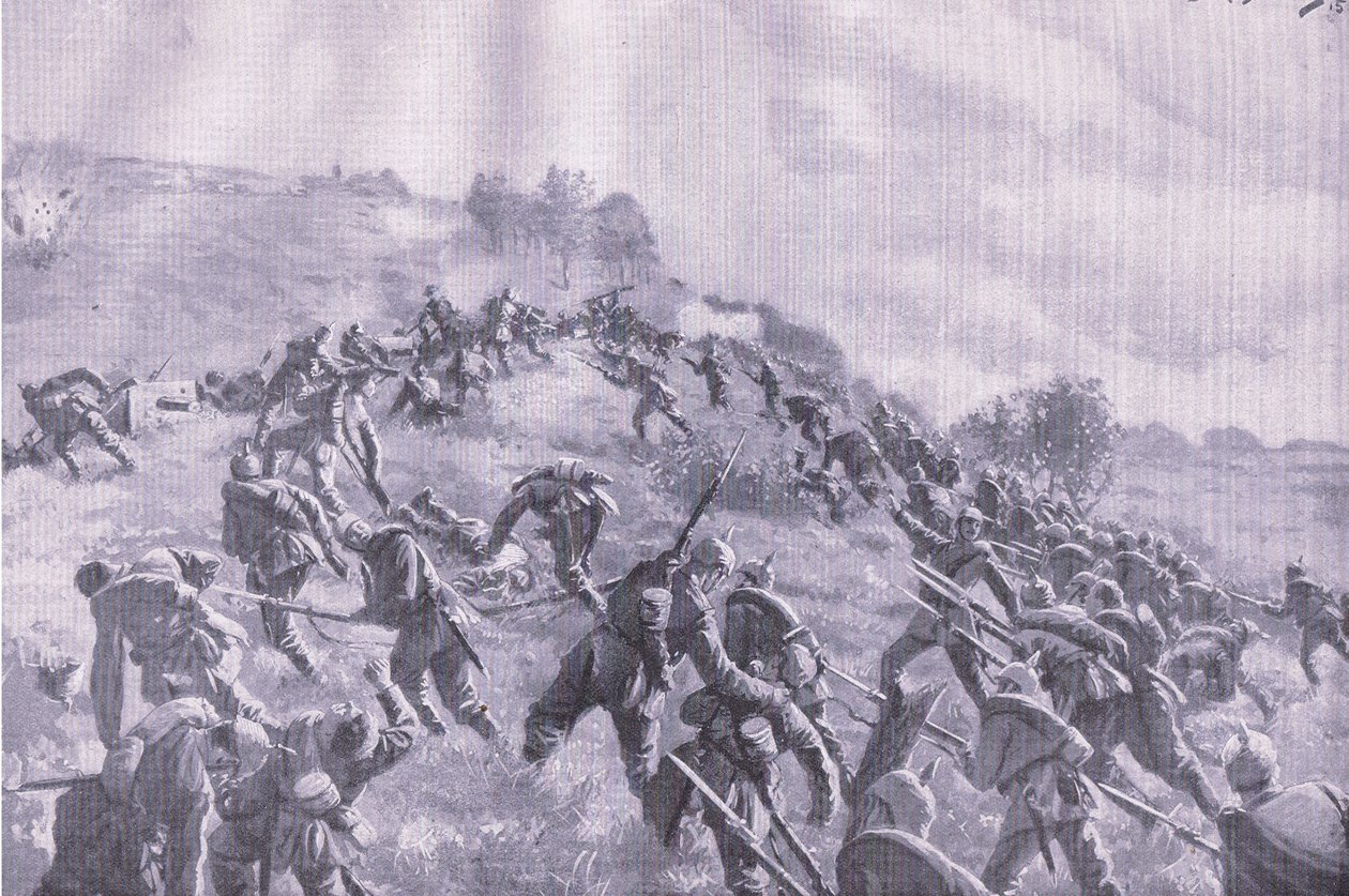 Genindtagelsen af Szawle. Storming the ridge, fra The Illustrated History of the World War 1914-1915 pub. af Union Berlagsefellfchaft af M. Barascudts