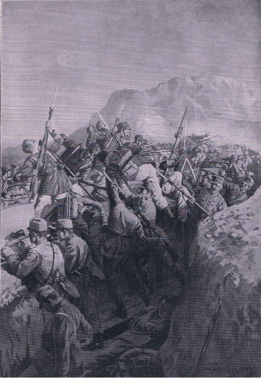 Mislykket angreb fra italienerne på Doberdos højder, fra The Illustrated History of the World War 1914-1915 pub. af Union Berlagsefellfchaft af M. Barascudts