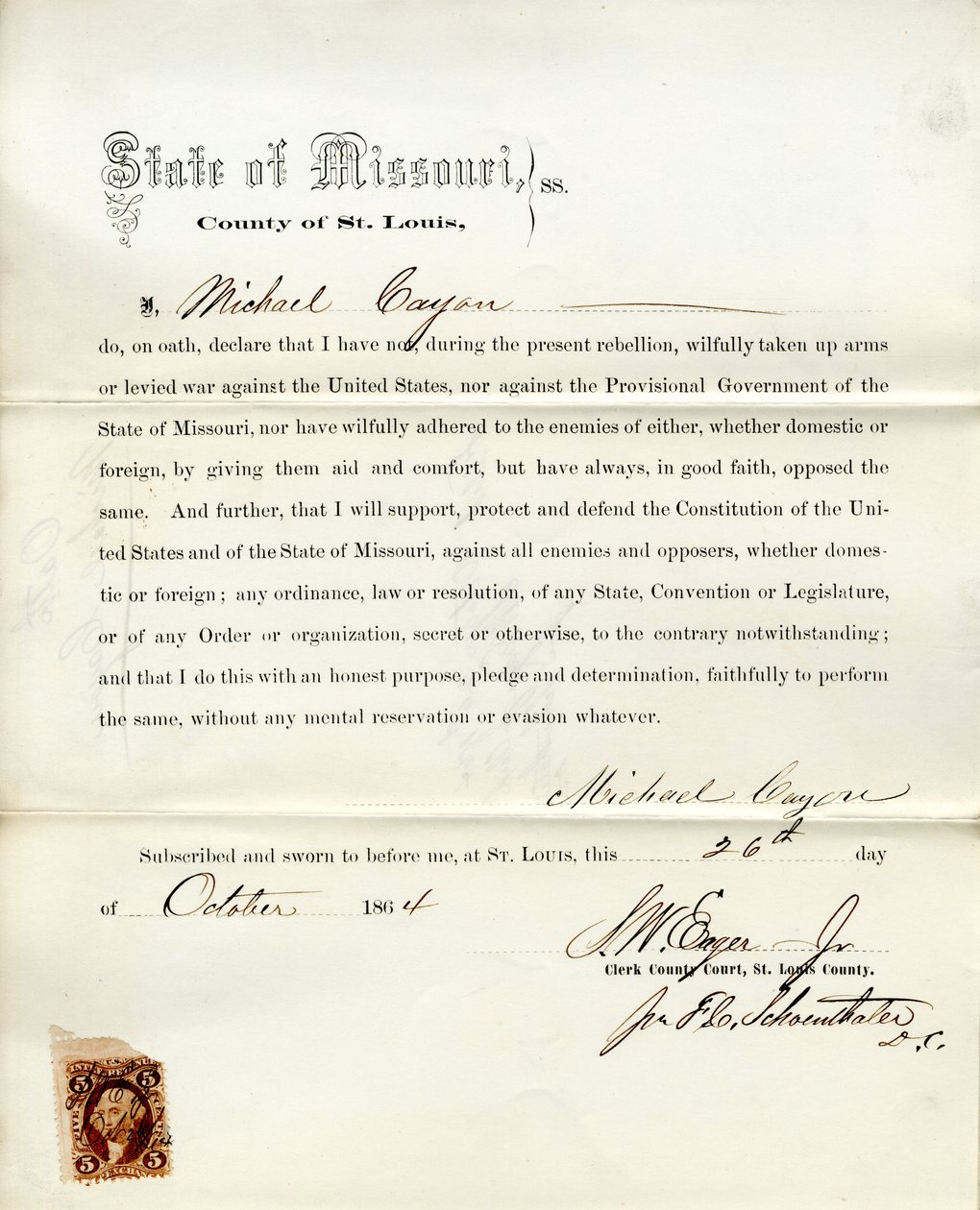Loyalitetsed af Michael Cayon fra Missouri, St. Louis amt af M. Cayon