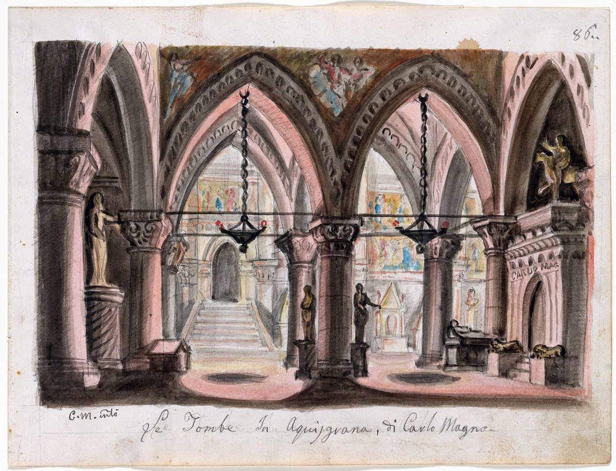 Le tombeau de Charlemagne a Aix-la-Chapelle - Scenografi til Operaen Ernani af Giuseppe Verdi - M. Conti (1810-1886). Akvarel på papir Dimension : 22x29 cm The Morgan Library & Museum, New York af M. Conti
