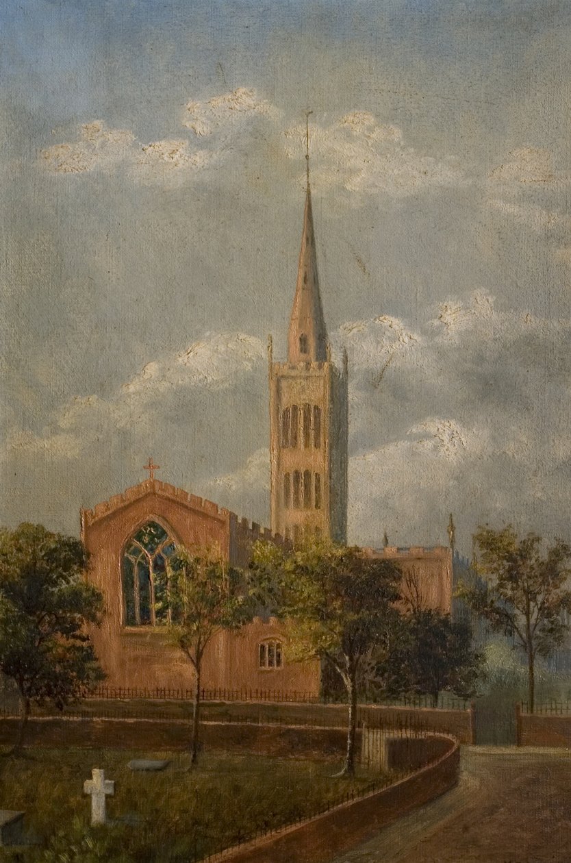 Holy Trinity Church and Churchyard, Coventry, ca. 1900 (olie på lærred) af M. E. Colledge