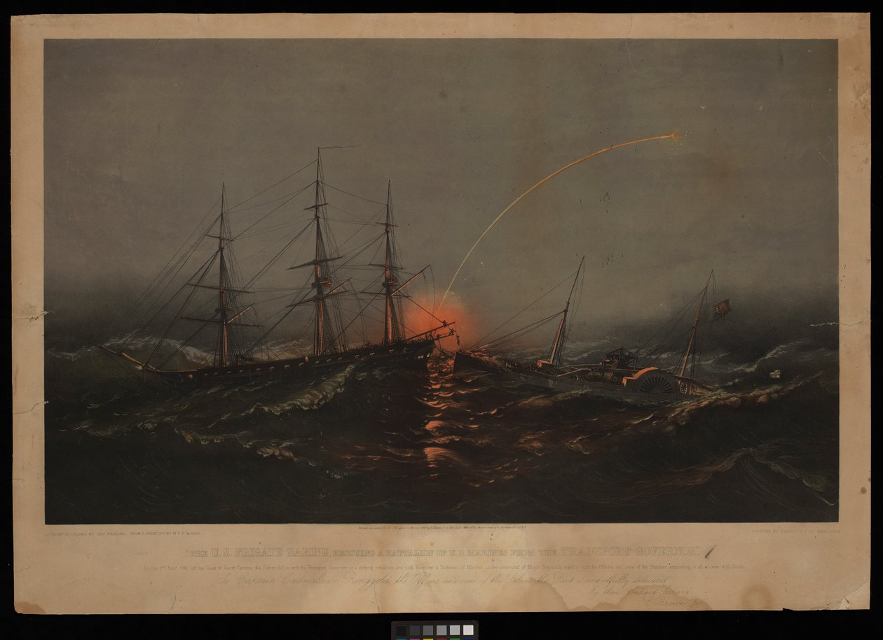 Den amerikanske fregat Sabine redder en bataljon amerikanske marinesoldater fra transportskibet Governor. Den 2. november 1861 ud for South Carolinas kyst (litografi, farvelagt) af M. F. H. De & Parsons Charles Haas