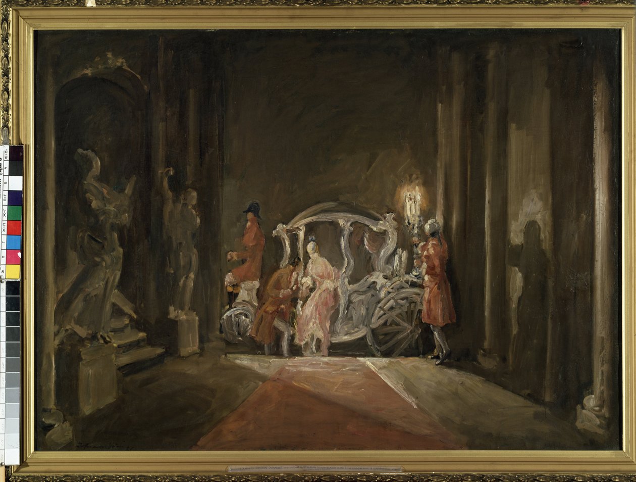 ""Une invitee"" (En gæst) En ung kvinde, der minder om Askepot, stiger på mystisk vis ned fra en vogn midt om natten. Maleri af Max Friedrich Hofmann (1873-1937) 1926 Dim. 116x161 cm Mikalojus Konstantinas Ciurlionis Museum of Fine Arts, Kaunas, Lit af M. F. Hofmann