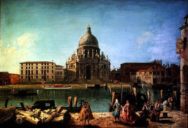 S. Maria della Salute fra Rio de San Moise, Venedig, med adel og gondolier i forgrunden af M. and Guardi G.A. Marieschi