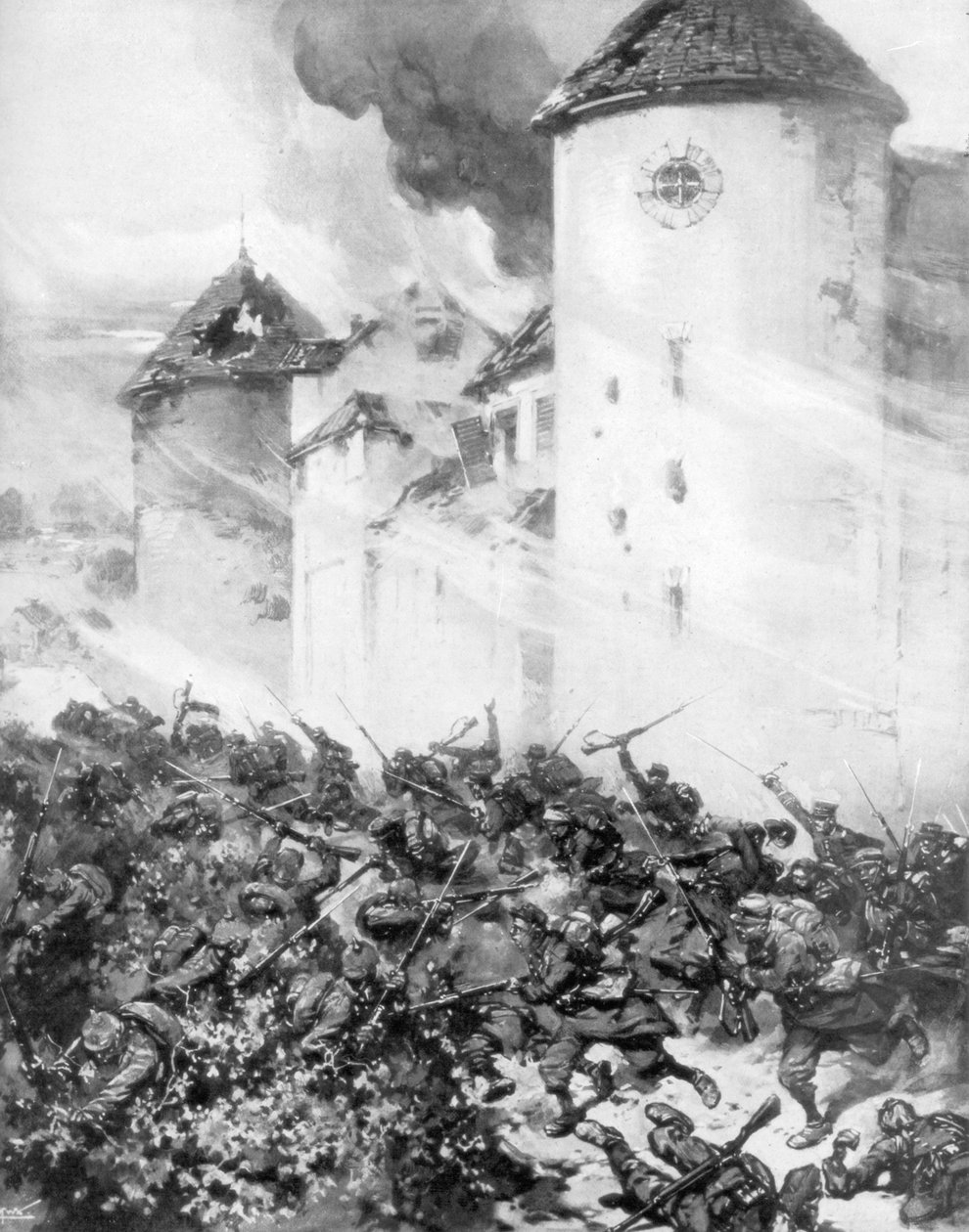 Franskmænd og tyskere kæmper under murene i Chateau de Mondement, Frankrig, 1914. af M. H. W. Koekkok
