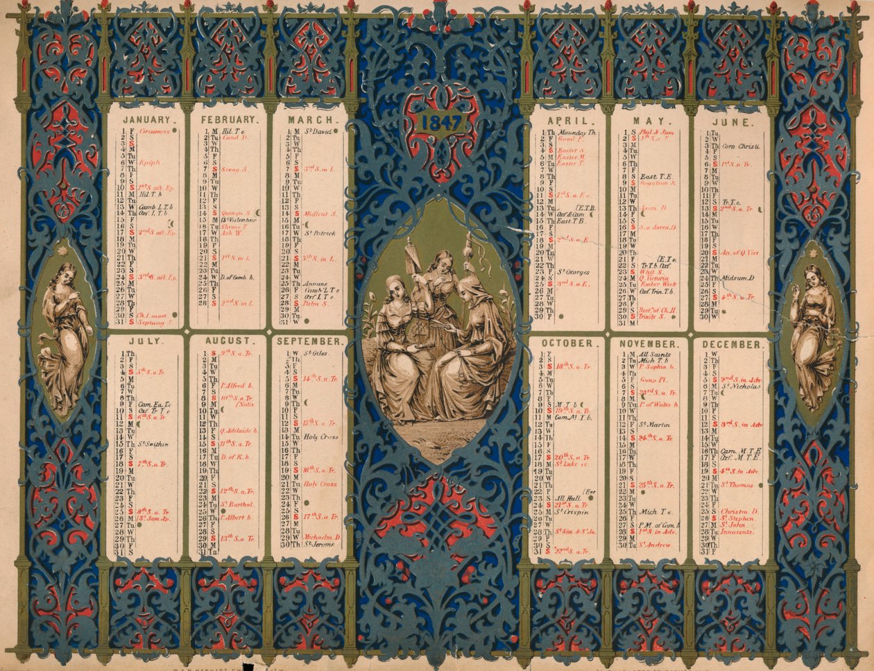 Kalender med helgendage og kongelige fødselsdage, 1847. af M and N Hanhart