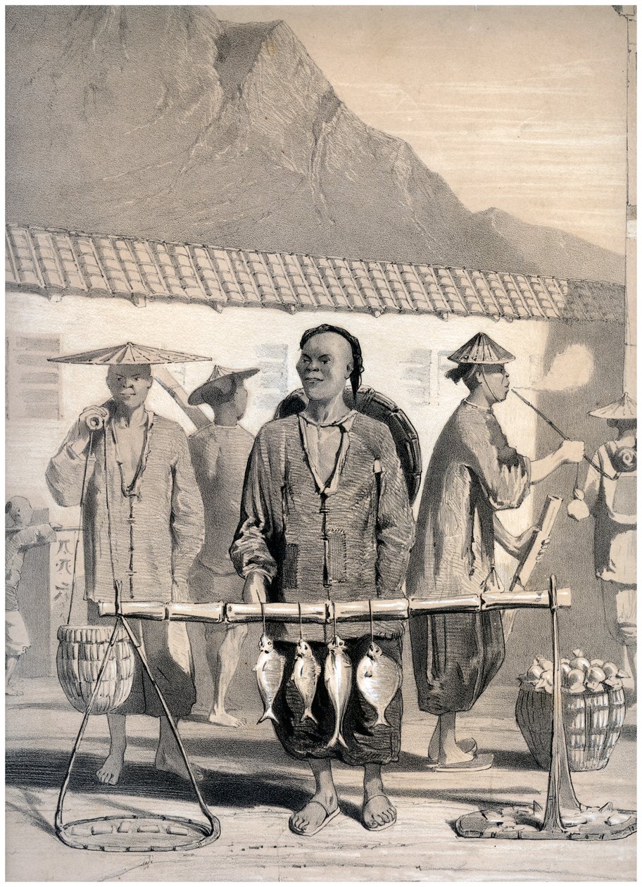 Fiskehandlere, Victoria Street, Hong Kong, Kina, c1860. af M and N Hanhart