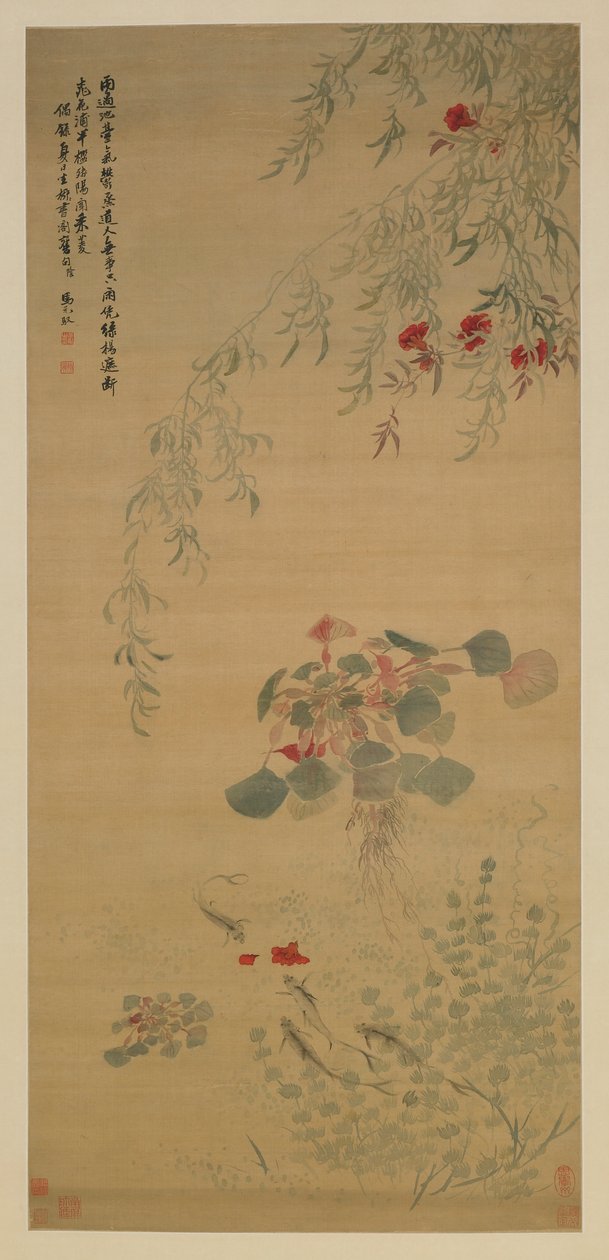 Faldne blomster, Nysgerrig fisk, Qing-dynastiet, begyndelsen af det 18. århundrede (farve på silke) af Ma Yuanyu