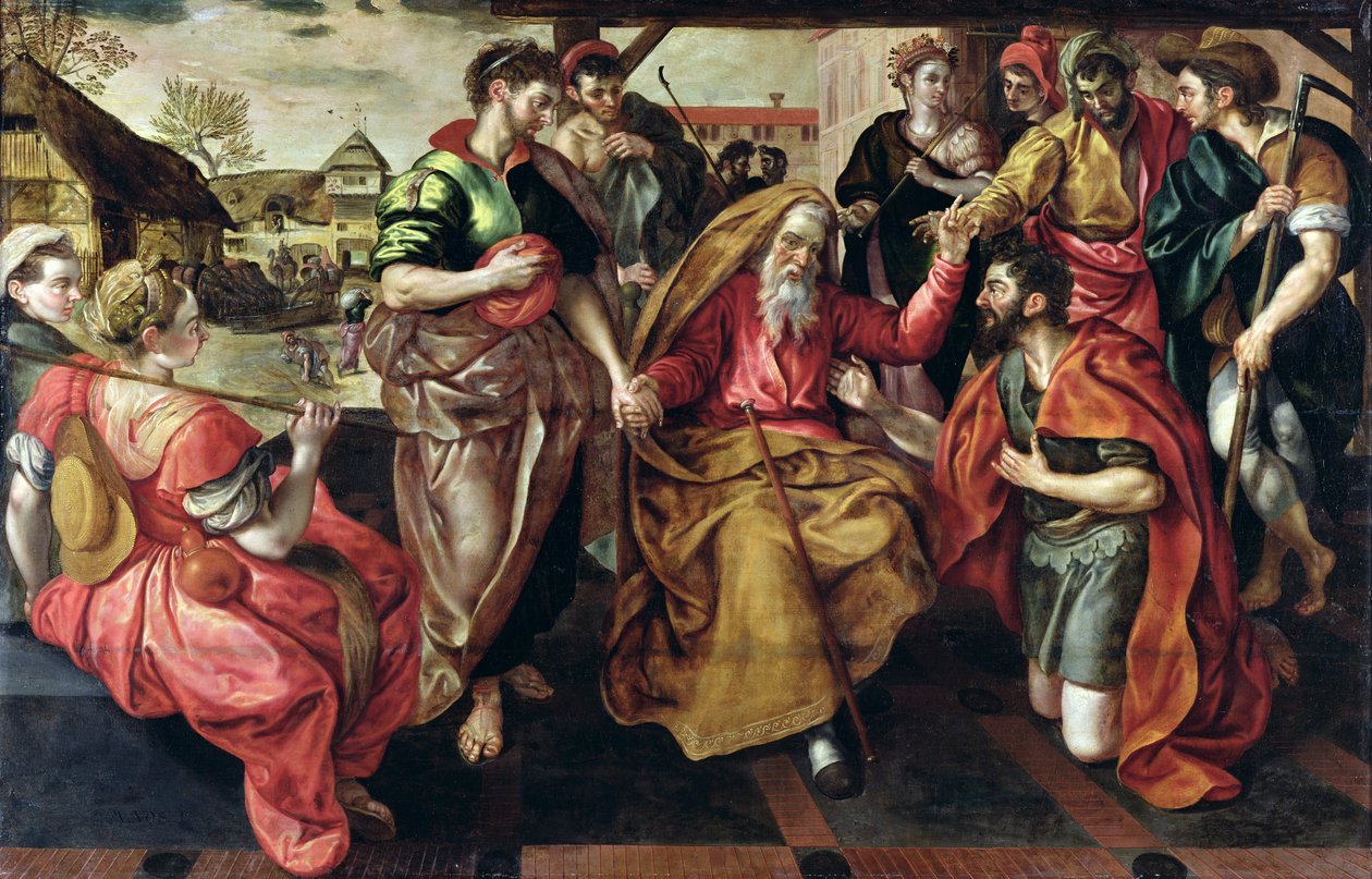 Eliezer beder om at få Rebecca til at gifte sig med Isak, 1562 af Maarten de Vos