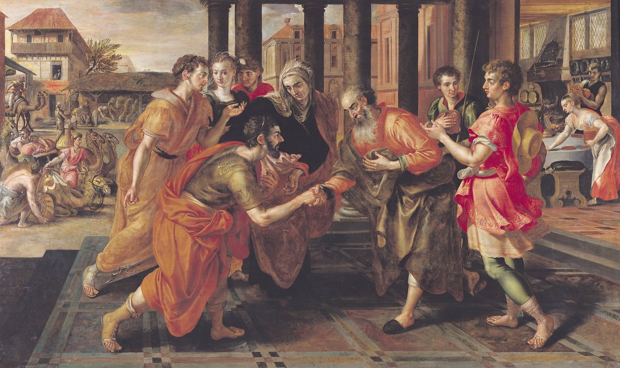Laban præsenterer Eliezer for sin far, 1562 af Maarten de Vos