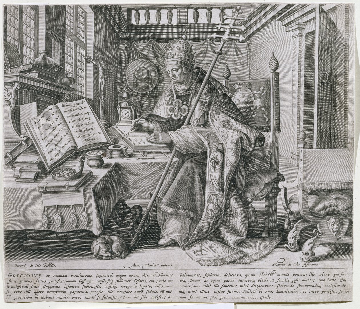 Pave Gregor I, den Store (ca. 540-604) i sit studie, fra en serie, der skildrer de fire 