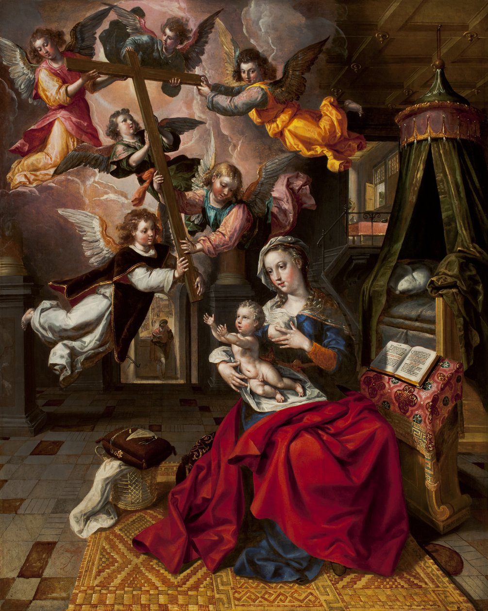 Jomfru med Kristusbarnet byder korset velkommen, ca. 1600 af Maarten de Vos
