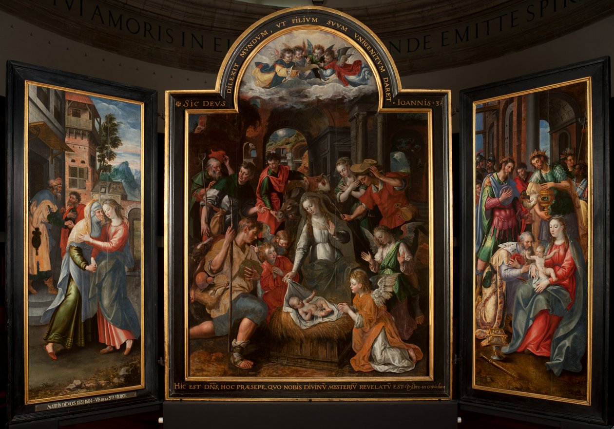 Tilbedelse af Magi, Triptykon, Centralpanel, detalje, maleri på træ af Maarten de Vos