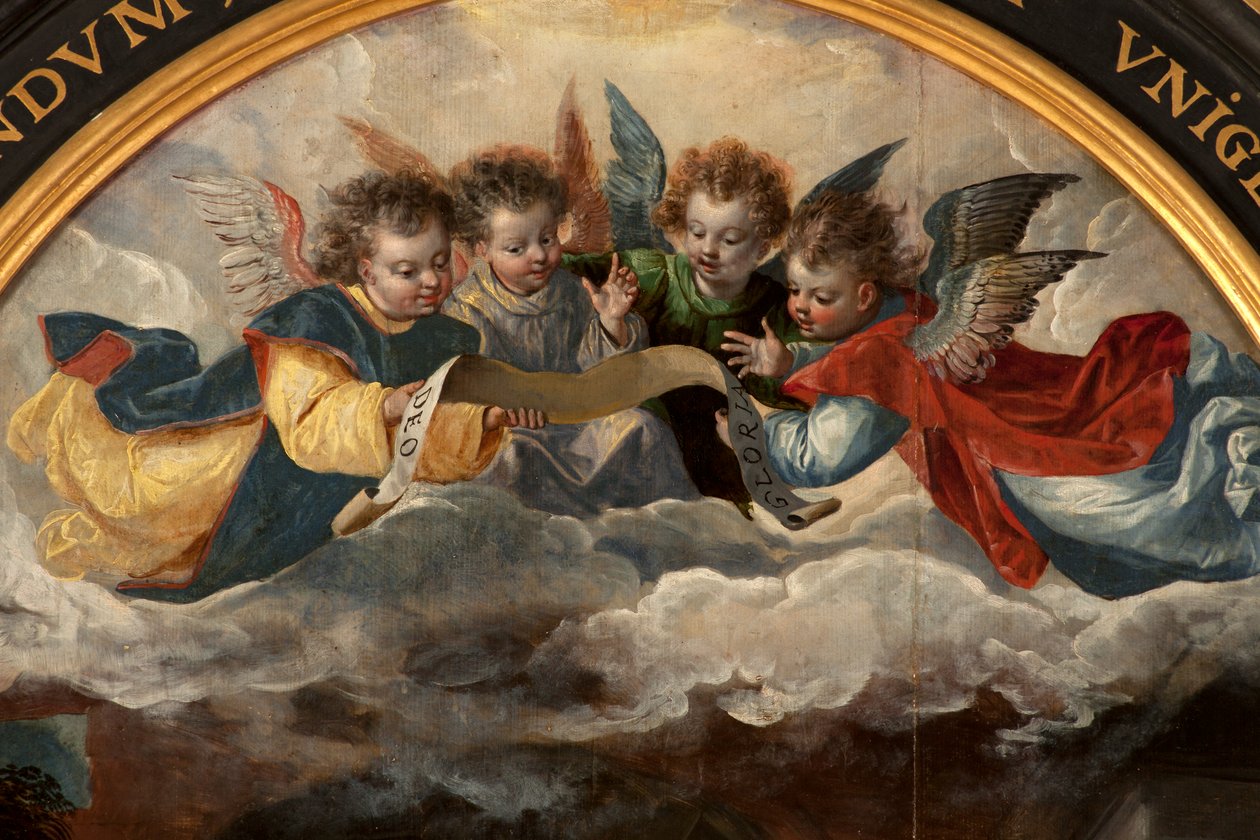 Tilbedelse af Magi, Triptykon, Centralpanel, detalje, maleri på træ af Maarten de Vos