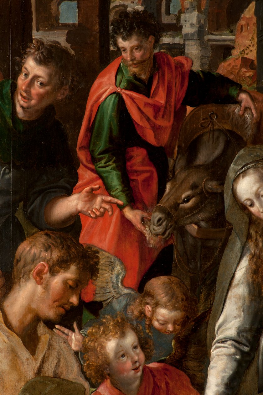Tilbedelse af Magi, Triptykon, Centralpanel, detalje, maleri på træ af Maarten de Vos